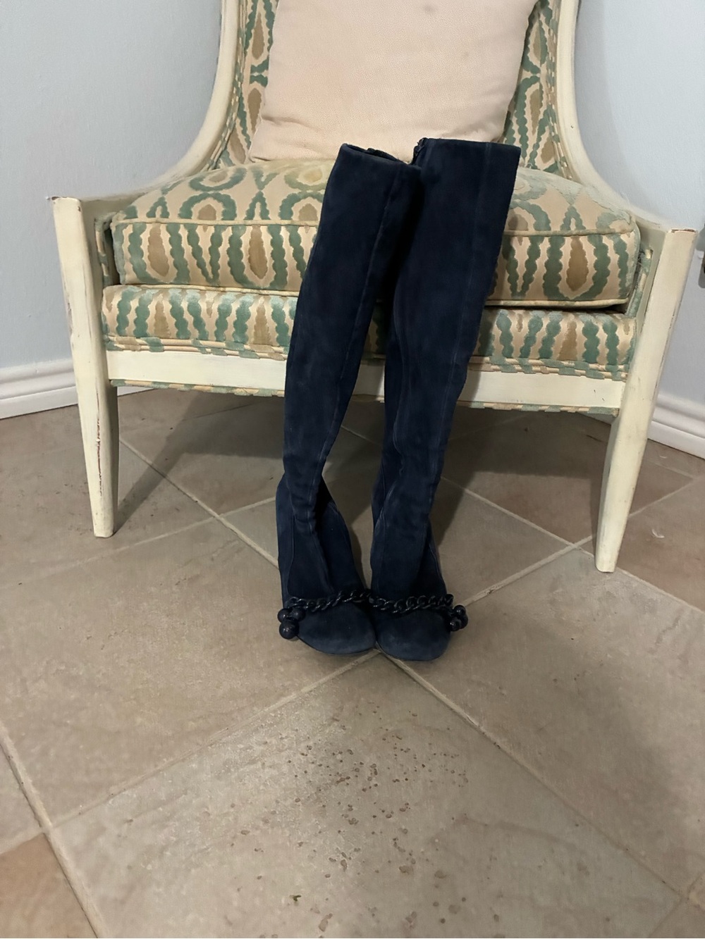Tory Burch Navy Suede Knee-High Boots with Chain Trim